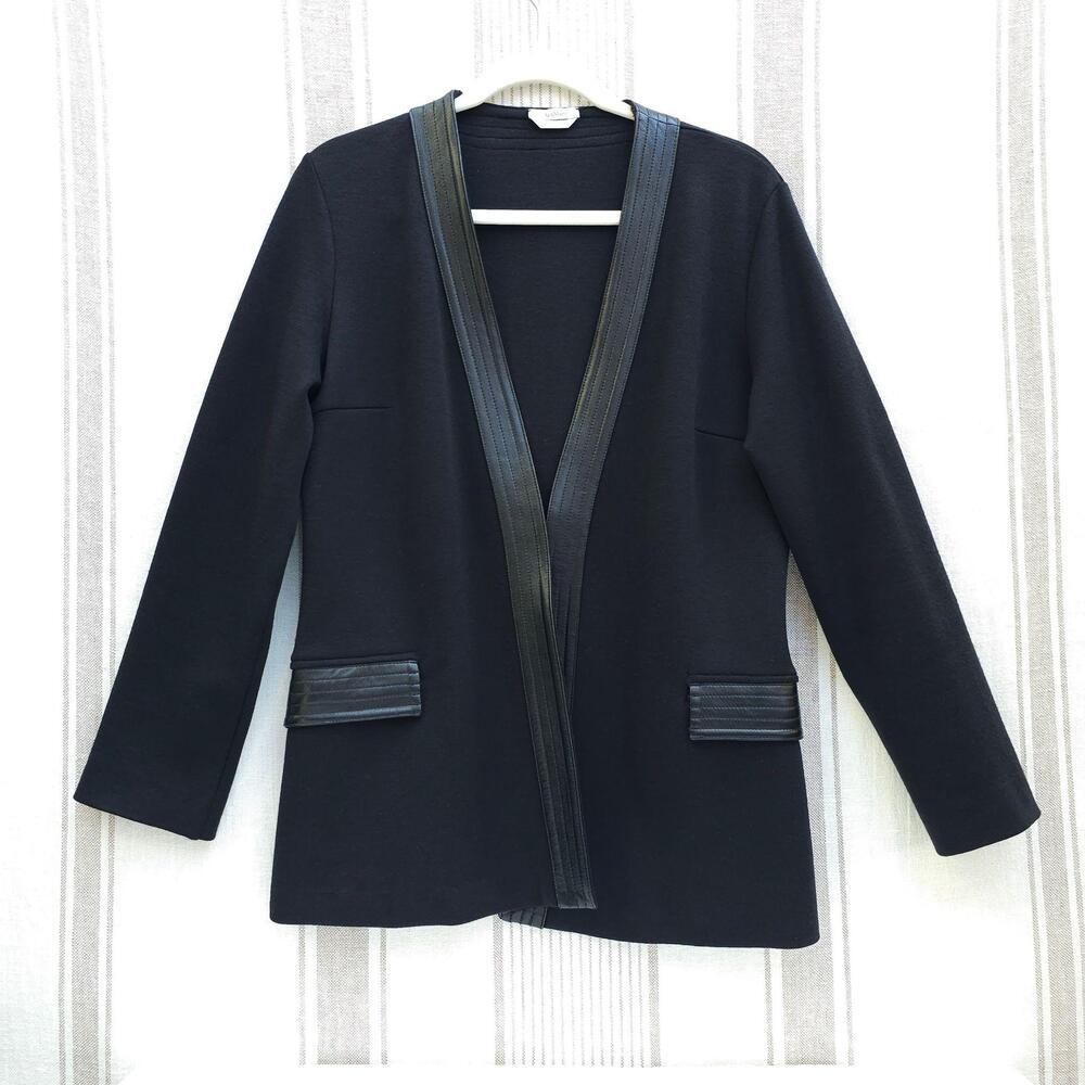 MaxMara Blazer Cardigan Womens Medium Black Knit Wool Leather Trim Jacket Italy